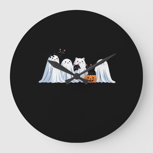 Grande Horloge Ronde Cute Ghosts and Black Cats Halloween - Mer Éffraya (Recto)