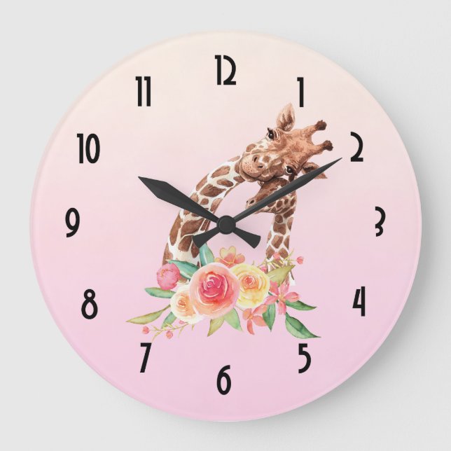 Grande Horloge Ronde Cute Giraffe Aquarelle Maman & Bébé (Recto)