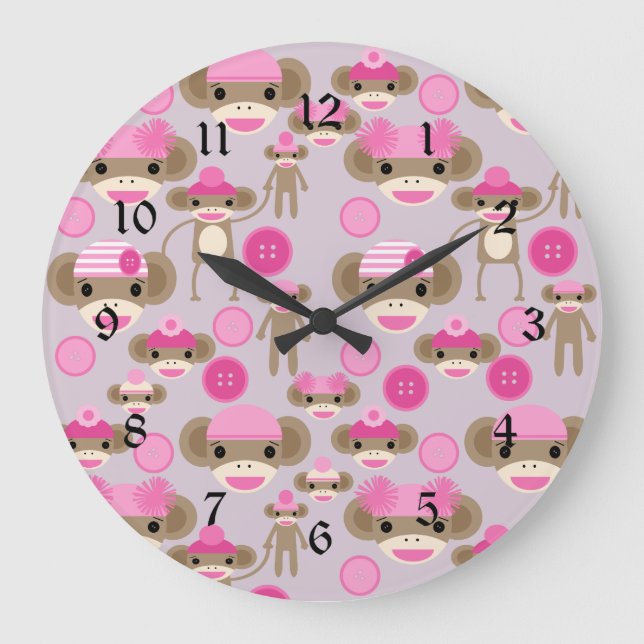 Grande Horloge Ronde Cute Girly Rose Sock Monkey Girl Motif Collage (Recto)