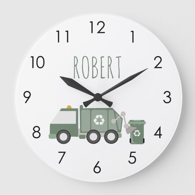 Grande Horloge Ronde Cute Green Recycling Véhicules Camion Enfants Nom (Recto)