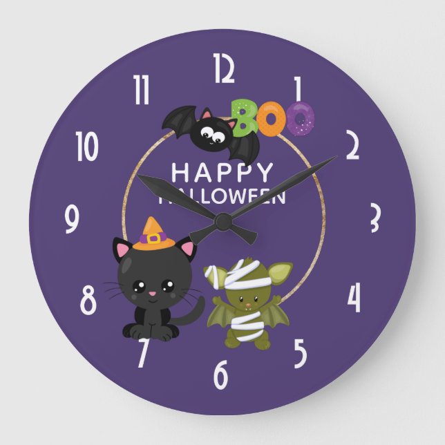 Grande Horloge Ronde Cute Halloween Chat, chauve-souris et maman Boo (Recto)