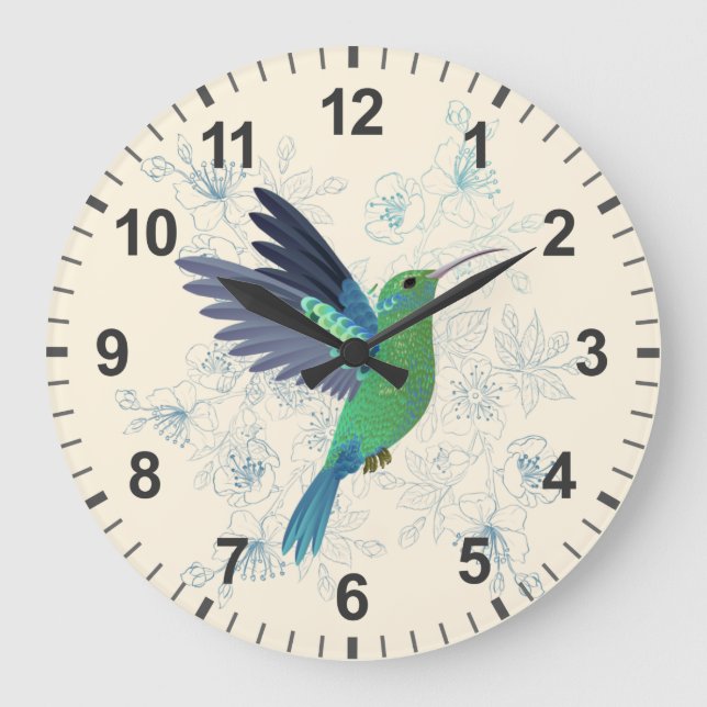 Grande Horloge Ronde Cute Hummingbird Floral (Recto)
