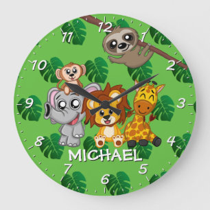 Grande Horloge Ronde Cute Jungle Animaux Rainforest Green Name Cartoon