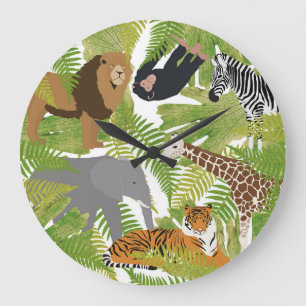 Grande Horloge Ronde Cute Jungle Animaux Safari Garçon   Fille