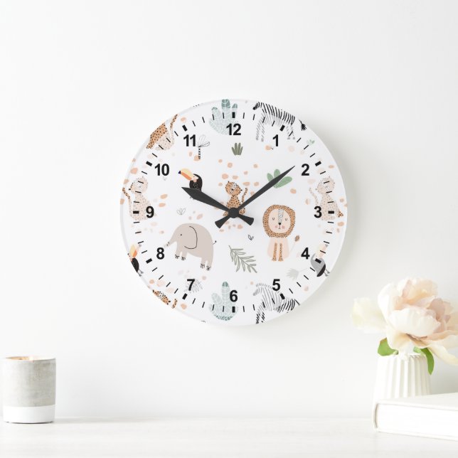 Grande Horloge Ronde Cute Jungle Rainforest Animaux Motif (Maison)
