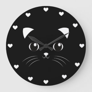 Grande Horloge Ronde Cute Kawaii Black Chat contour visage