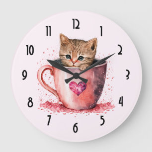 Grande Horloge Ronde Cute Kitten dans un Teacup avec les coeurs
