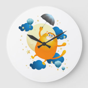 Grande Horloge Ronde Cute Kitten volant avec parapluie