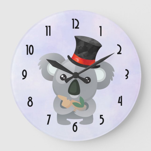 Grande Horloge Ronde Cute Koala dans un chapeau noir (Recto)