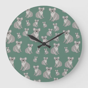 Grande Horloge Ronde Cute Koala Eucalyptus Motif vert