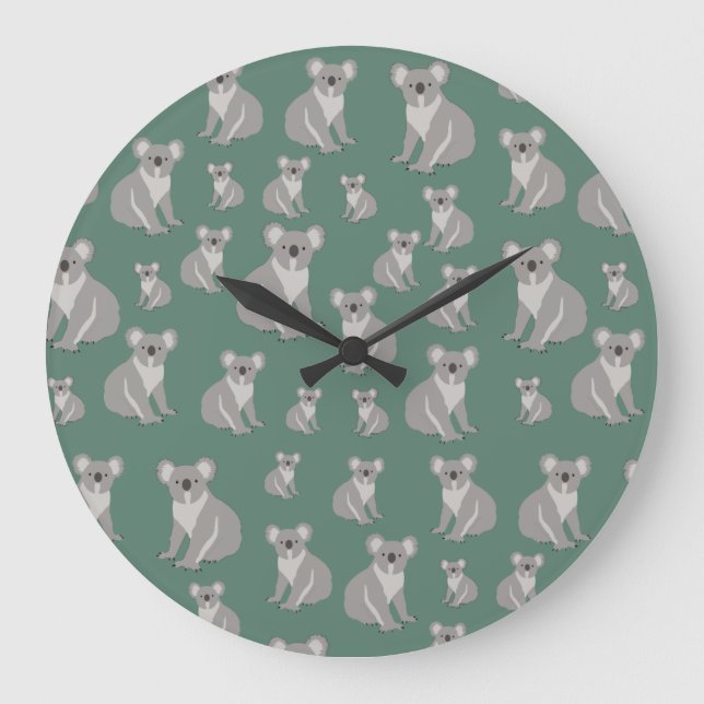 Grande Horloge Ronde Cute Koala Eucalyptus Motif vert (Recto)