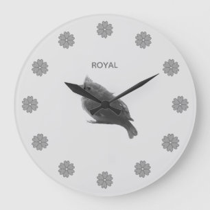 Grande Horloge Ronde Cute Little Bird & Flowers on Silver Gray