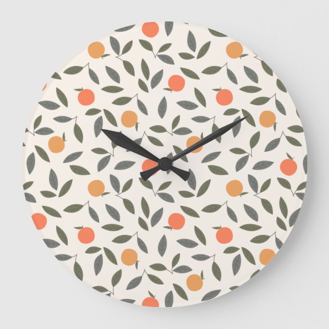 Grande Horloge Ronde Cute Orange et Motif Feuille (Recto)