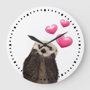 Grande Horloge Ronde Cute Otter avec Love Hearts