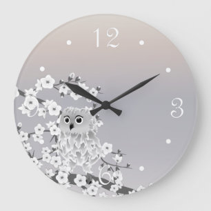 Grande Horloge Ronde Cute Owl Beige Taupe White Numbers