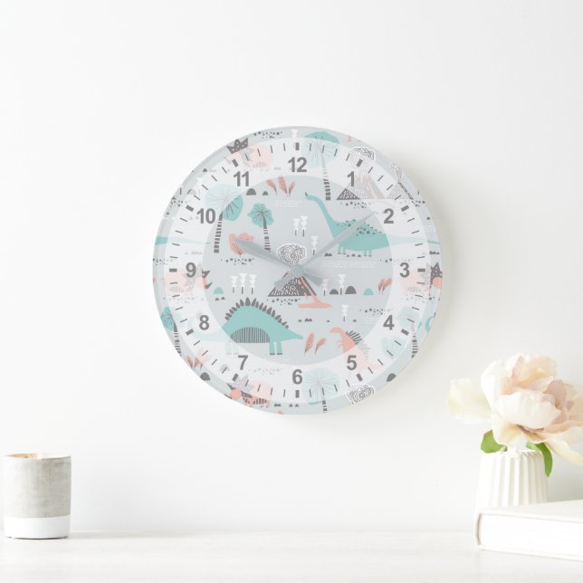 Grande Horloge Ronde Cute Pastel Dinosaur Motif (Maison)