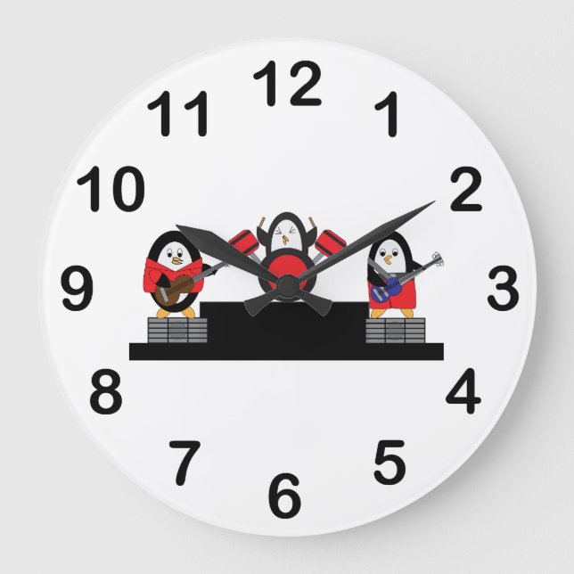 Grande Horloge Ronde Cute Penguin Rock and Roll Music Band (Recto)