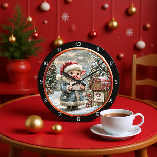 Grande Horloge Ronde Cute Pig tient la liste de souhaits de Noël