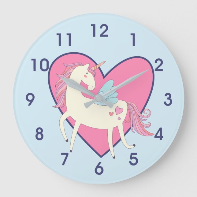Grande Horloge Ronde Cute Pink Heart Unicorn Nursery (Recto)