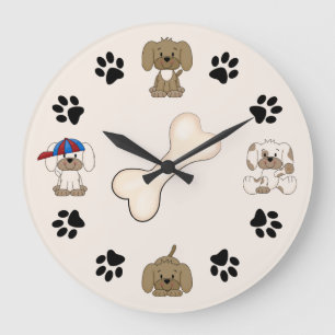 Grande Horloge Ronde Cute Puppy Dog, Paw Prints and Bone Boys