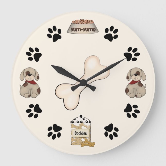 Grande Horloge Ronde Cute Puppy Dogs, Paw Prints and Bone (Recto)