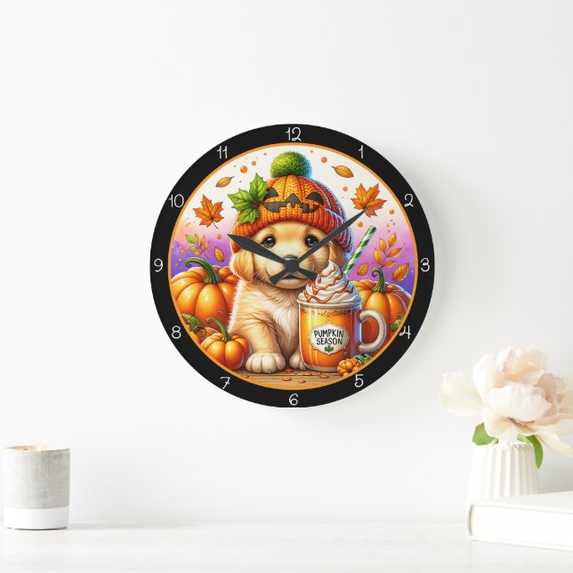 Grande Horloge Ronde Cute Puppy Pumpkin Season Fall Theme (Maison)