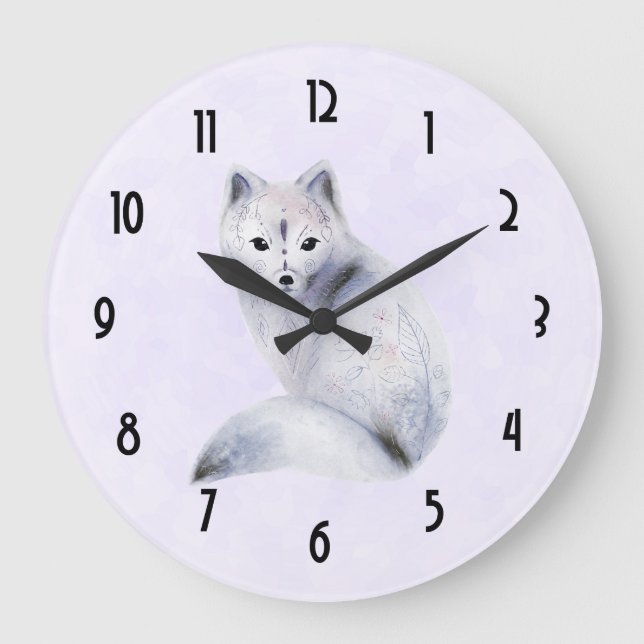 Grande Horloge Ronde Cute renard nordique avec marques florales (Recto)