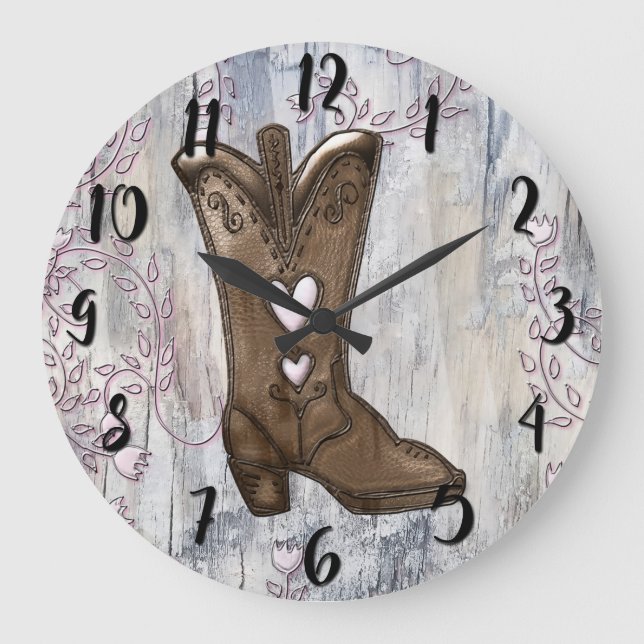 Grande Horloge Ronde Cute Rustic Rose Cowgirl Heart Boots Ferme  (Recto)