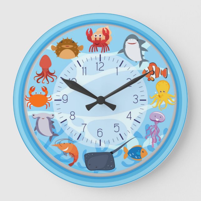 Grande Horloge Ronde Cute Sea Creature Blue Round Wall Clock (Recto)