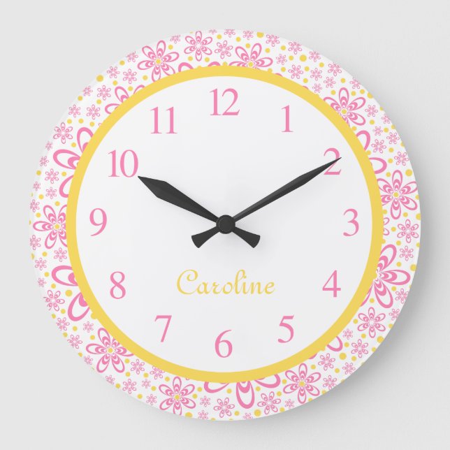 Grande Horloge Ronde Cute Spring Floral Yellow & Pink Wall Clock (Recto)