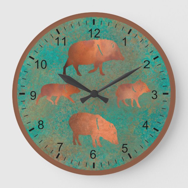 Grande Horloge Ronde Cute sud-ouest Javelina Famille Cuivre Turquoise (Recto)