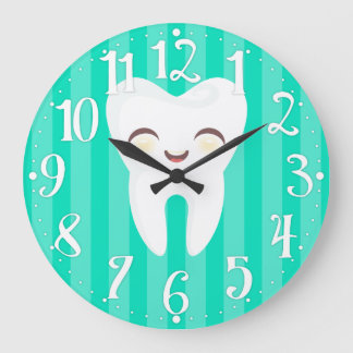 Grande Horloge Ronde Cute Tooth - Teal Striped Dental Wall Clock