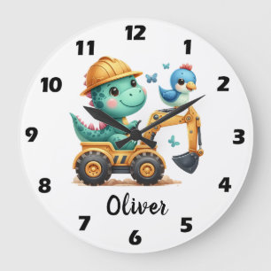 Grande Horloge Ronde Cute Trex Dinosaur conduisant un véhicule de const