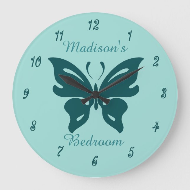 Grande Horloge Ronde Cute Turquoise Butterfly Custom Girl's Bedroom (Recto)