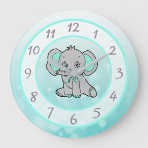 Grande Horloge Ronde Cute turquoise d'éléphant enfants ou bébé pépinièr