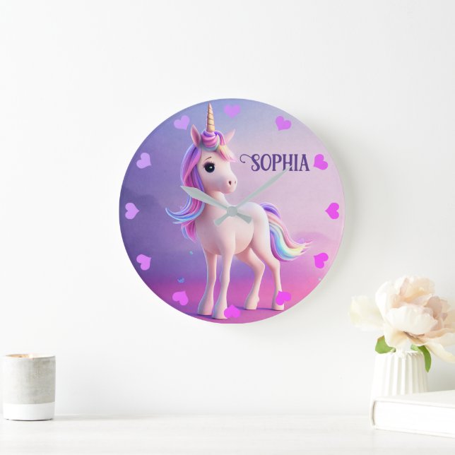 Grande Horloge Ronde Cute Unicorne Blanche Avec Rose & Bleu Mane (Maison)