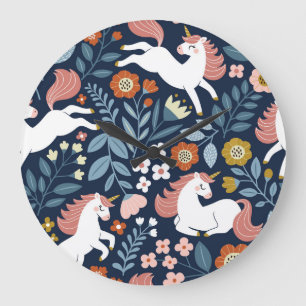 Grande Horloge Ronde Cute Unicornes Floral Vintage Motif
