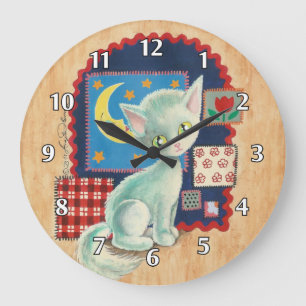 Grande Horloge Ronde Cute White Kitten and Patchwork