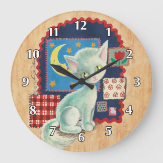 Grande Horloge Ronde Cute White Kitten and Patchwork
