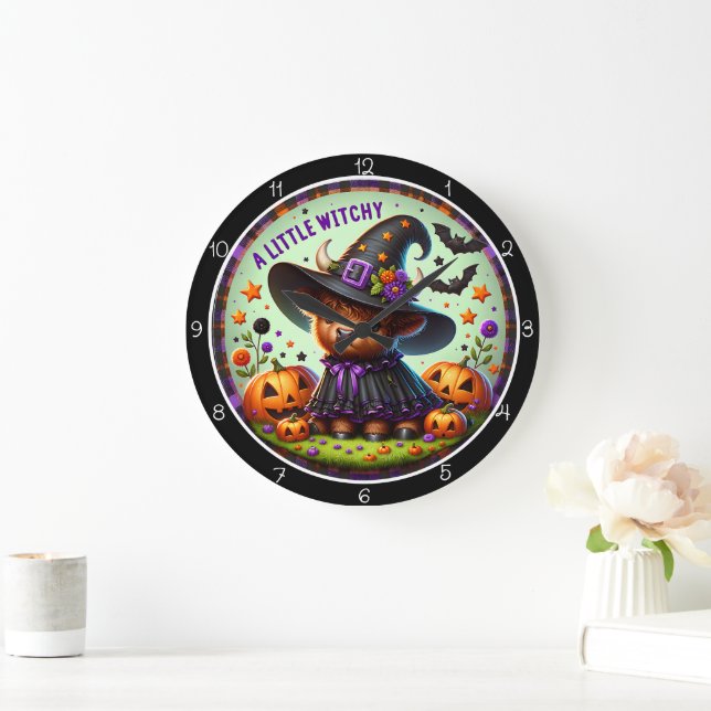 Grande Horloge Ronde Cute Witchy Highland Cow  (Maison)