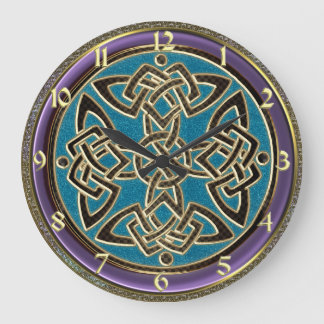 Grande Horloge Ronde Cyan Blue, Purple et Gold Celtic Knot Clock
