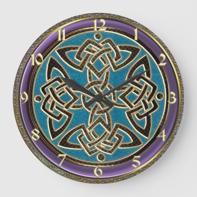 Grande Horloge Ronde Cyan Blue, Purple et Gold Celtic Knot Clock (Recto)