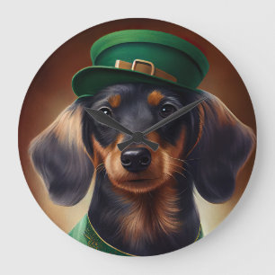 Grande Horloge Ronde Dachshund Dog en tenue de la Saint Patrick