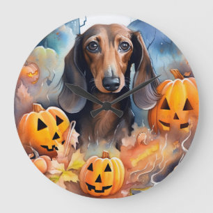 Grande Horloge Ronde Dachshund Halloween avec citrouilles effrayant