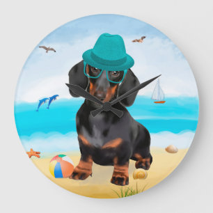 Grande Horloge Ronde Dachshund sur la plage