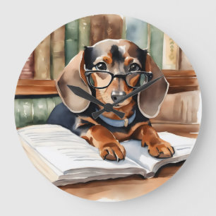 Grande Horloge Ronde Dachshund Watercolor de la bibliothèque vintage