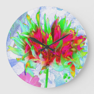 Grande Horloge Ronde Dahlia Cactus Lime Vert et Rouge Époustouflant