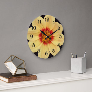 Grande Horloge Ronde Dahlia Jaune sur Fleur Noir