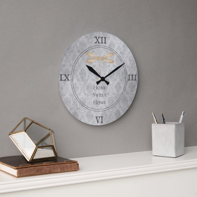 Grande Horloge Ronde Damas de libellule d'or (Bureau)