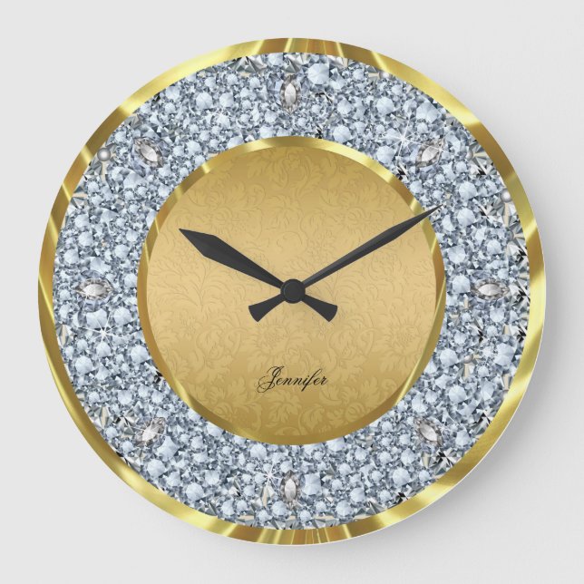 Grande Horloge Ronde Damas d'or et diamants étincelants Parties scintil (Recto)